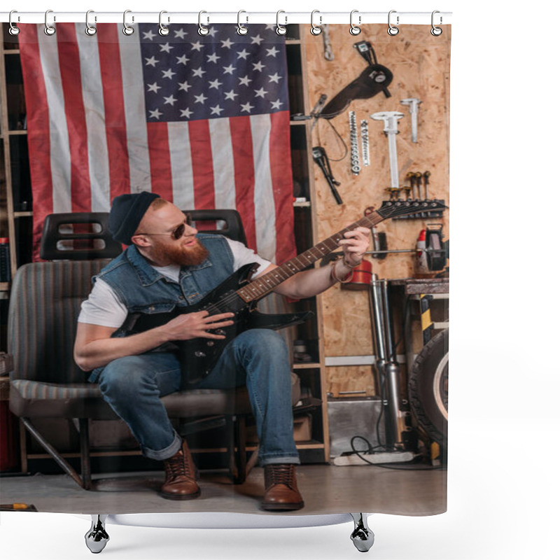 Personality  Handsome Bearded Man Playing Electric Guitar At Garage With Usa Flag Hanging On Wall Shower Curtains