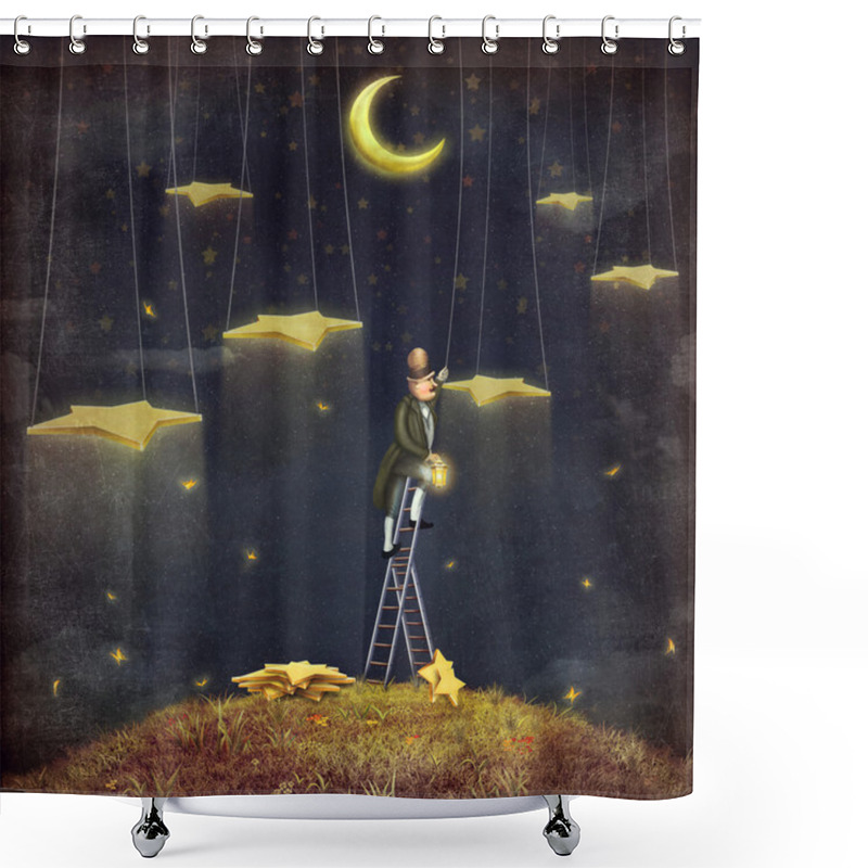 Personality  Man Reaching For Stars  At Top Of Tall Ladder Shower Curtains