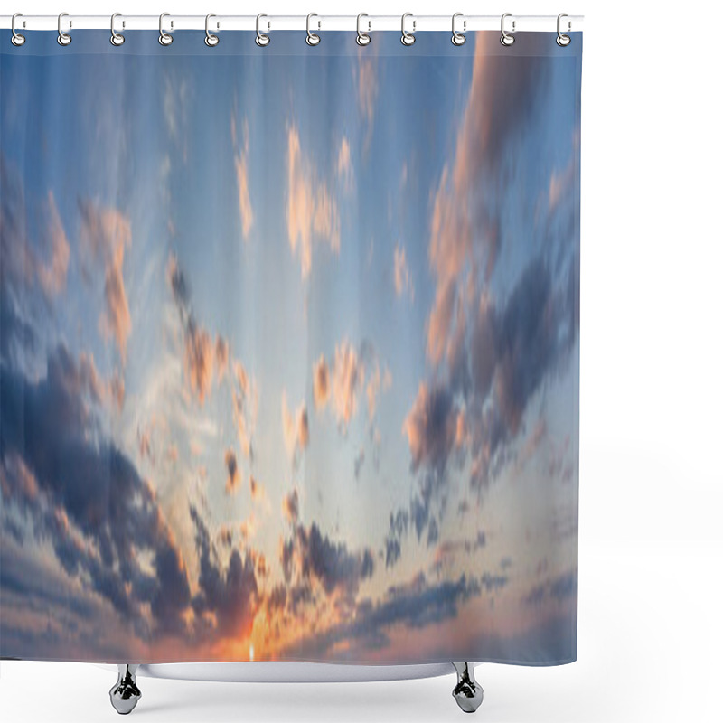 Personality  Blue Panorama Of The Sky At Sunset With Clouds And Sun Shower Curtains