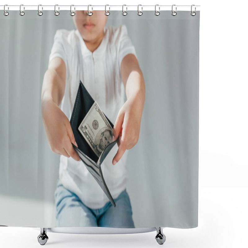 Personality  Cropped View Of African American Kid Holding Wallet With Dollar Banknotes On Grey Alimony Concept  Shower Curtains