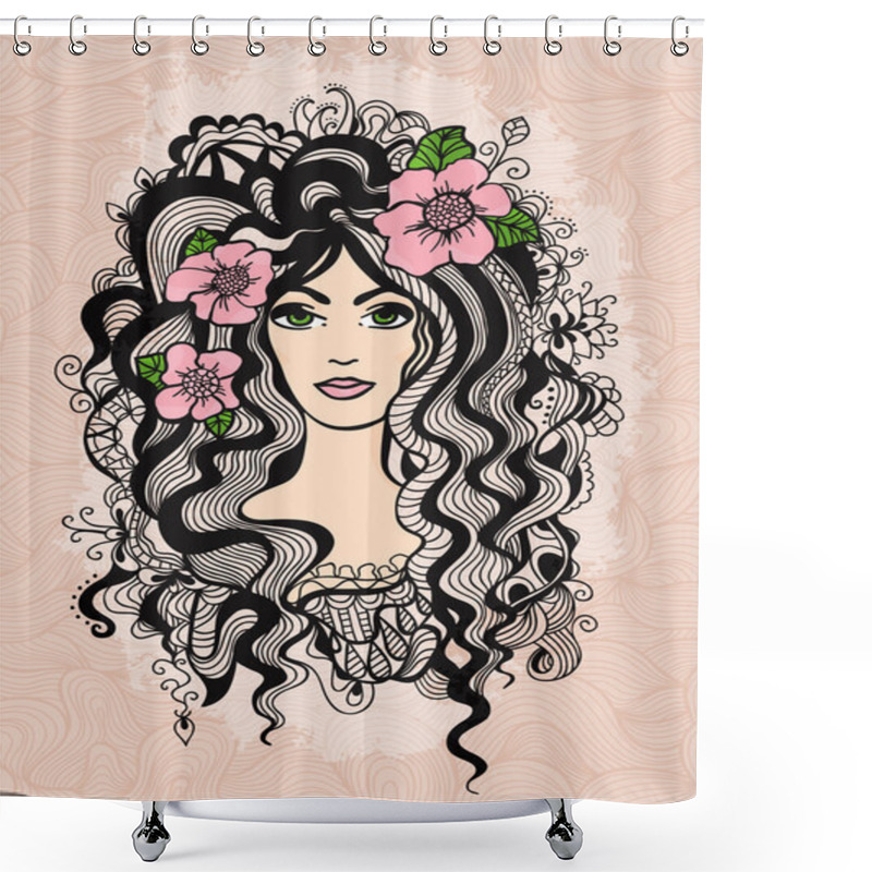 Personality  Beautiful Vector Hand Drawn Girl On Retro Textured Background. Shower Curtains