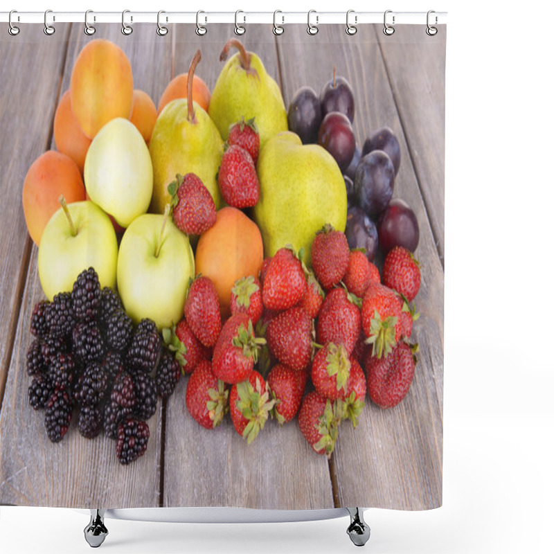 Personality  Ripe Fruits And Berries On Wooden Background Shower Curtains