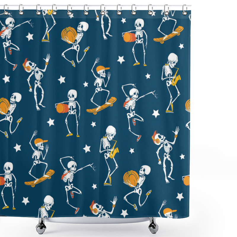 Personality  Vector Blue, White, Orange Dancing And Skateboarding Skeletons Haloween Repeat Pattern Background. Great For Spooky Fun Party Themed Fabric, Gifts, Giftwrap. Shower Curtains