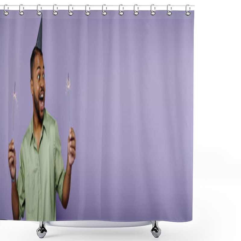 Personality  Young African American Male With Braces Balancing Two Sparklers, Wearing A Festive Party Hat On A Purple Background. Shower Curtains