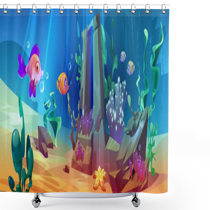 Personality  Ocean Underwater Boulder With Fish Vector Background. Deep Sea Under Water Reef Life With Animal And Seaweed Plant. Tropical Aquatic Habitat Wildlife Drawing Environment. Aquarium Ecosystem Landscape Shower Curtains