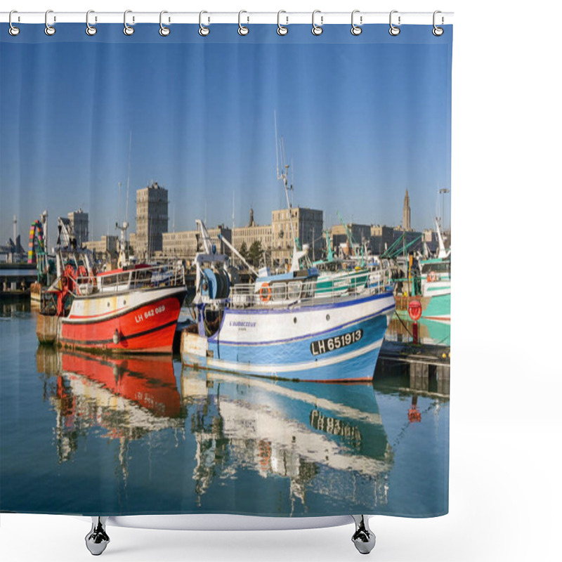 Personality  Le Havre, France - 16 January 2025:  Trawler Fishing Boats In The Harbour Of Port Of Le Havre Shower Curtains