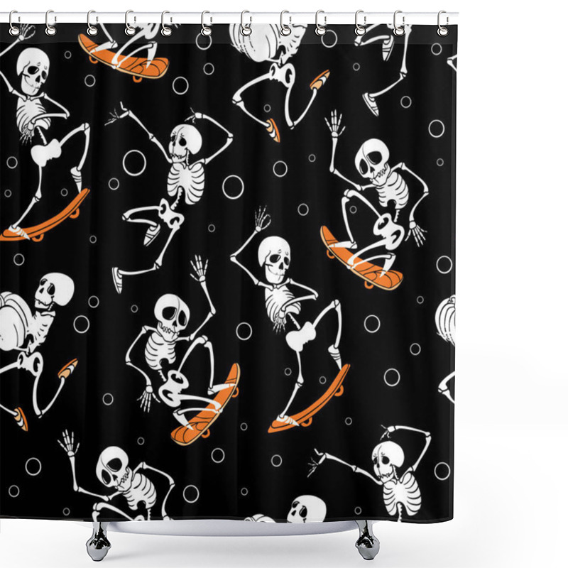 Personality  Vector Black Skateboarding, Jumping Skeletons Haloween Repeat Pattern Background. Great For Spooky Fun Party Themed Fabric, Gifts, Giftwrap. Shower Curtains