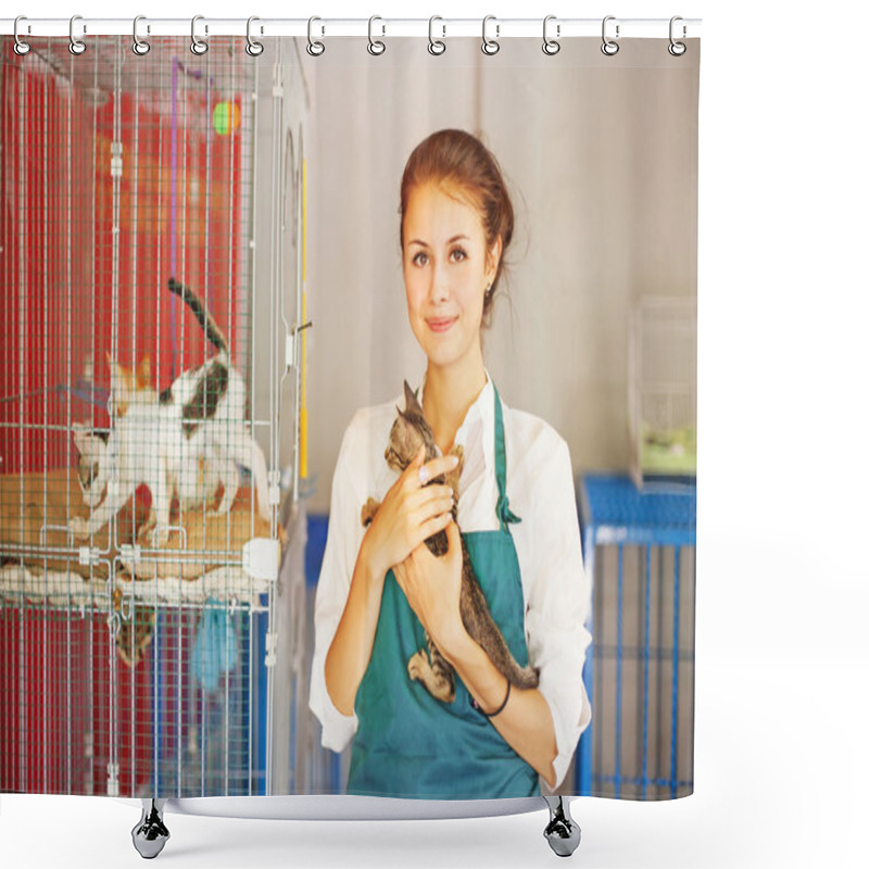 Personality  Woman In Animal Shelter Shower Curtains