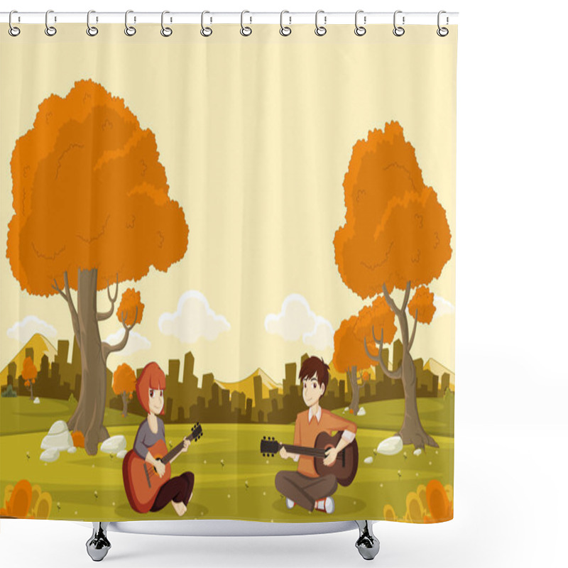 Personality  Cartoon Teenagers Playing Guitar On Beautiful Park.  Shower Curtains