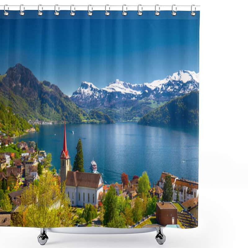 Personality  Village Weggis, Lake Lucerne And Pilatus Mountain Shower Curtains