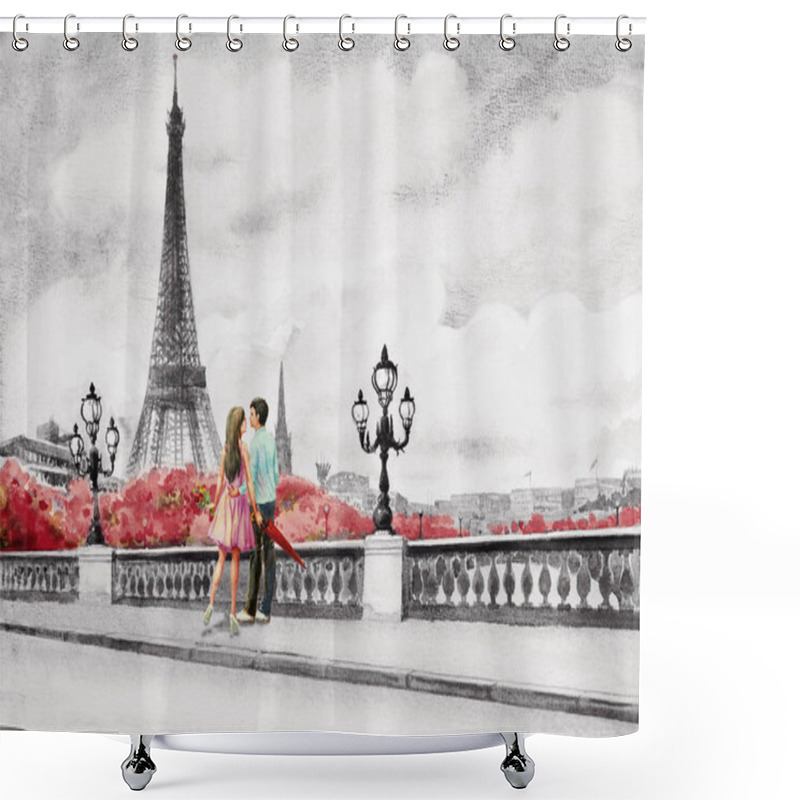 Personality  Paris European City Landscape. France, Eiffel Tower And Couple Young, Man And Woman On The Street View, Black And White Background. Watercolor Painting Illustration,holiday Travel, Valentine,greeting. Shower Curtains