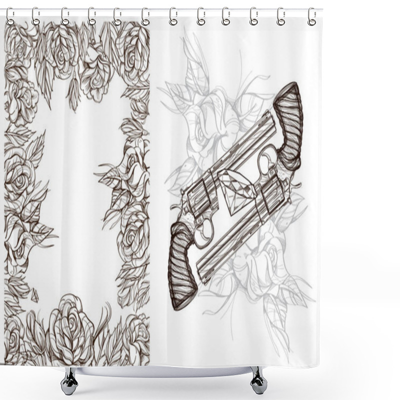 Personality  Roses And A Gun.  Illustrations  Shower Curtains