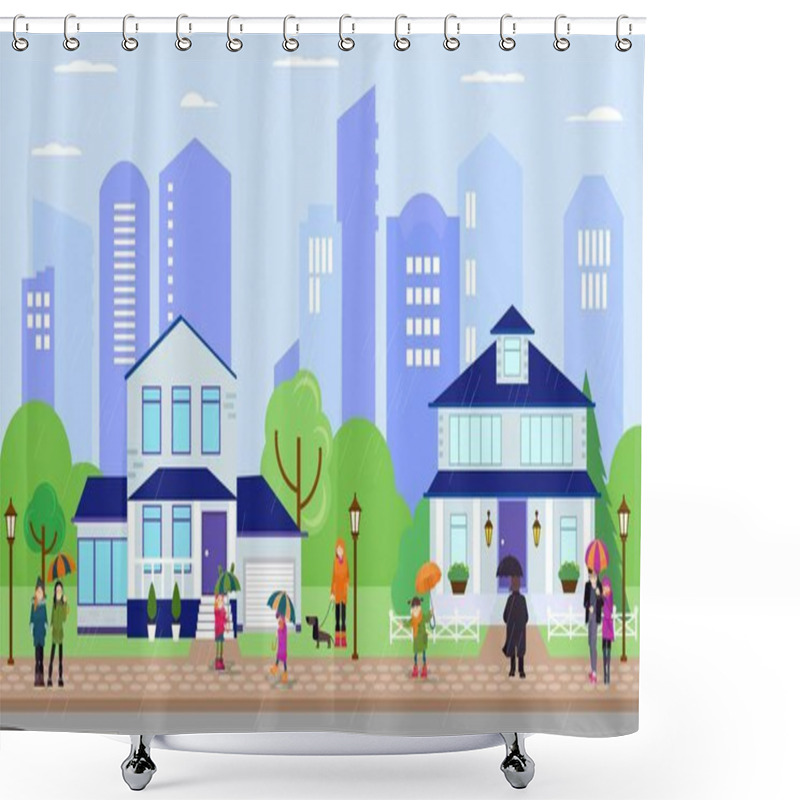 Personality  People In Rain With Umbrellas On Street Near Home Houses Vector Illustration Banner. Shower Curtains