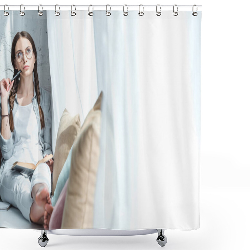 Personality  Beautiful Thoughtful Girl Sitting On Windowsill With Book Shower Curtains