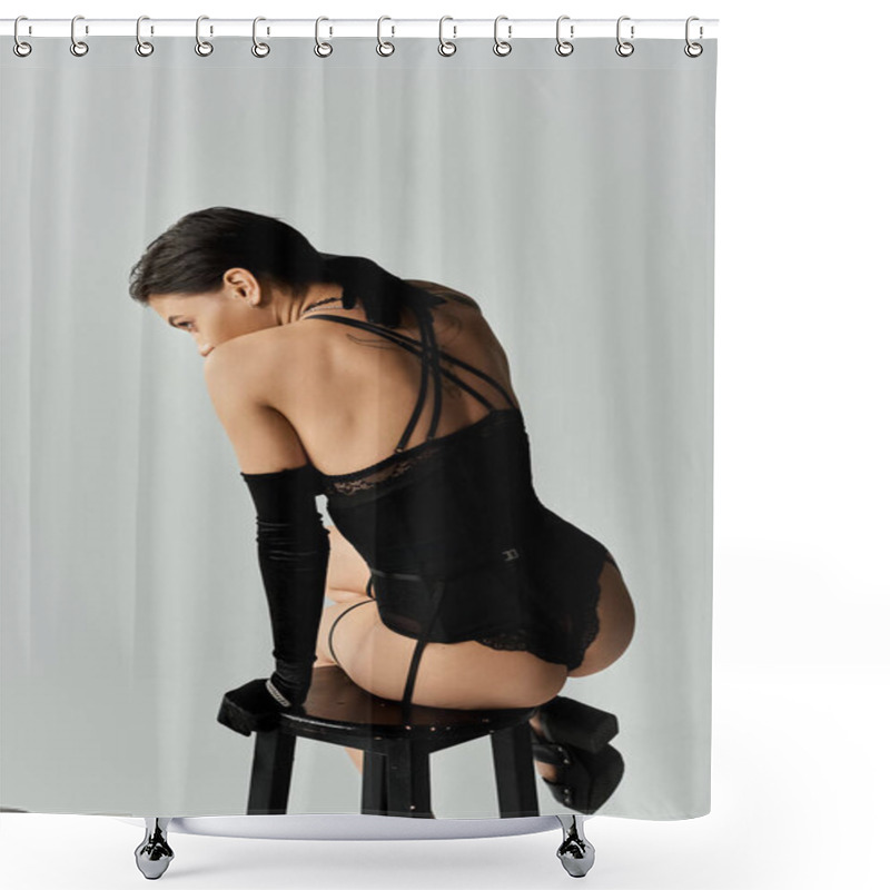 Personality  A Woman In Black Lingerie Sits On A Stool, Posing Sensually. Shower Curtains