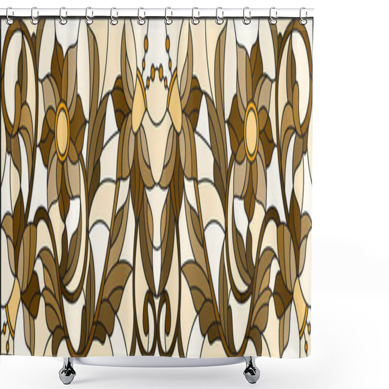 Personality  Illustration In Stained Glass Style With Abstract  Swirls ,flowers And Leaves  On A Light Background,horizontal Orientation, Sepia Shower Curtains