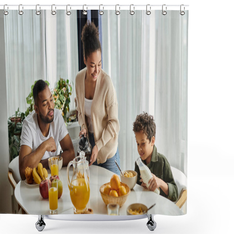 Personality  Parents And Boy Sitting At Table With Pitcher Of Orange Juice. Shower Curtains