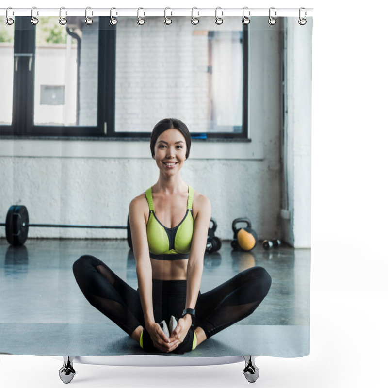 Personality  Young Happy Woman Stretching On Fitness Mat In Gym  Shower Curtains