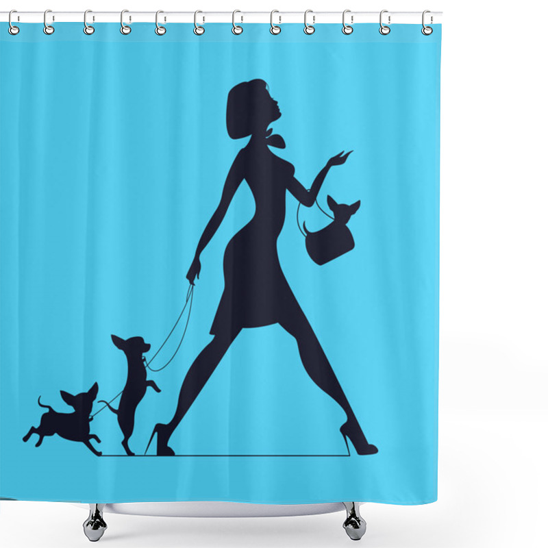 Personality  Vector Silhouette Of  Woman With Dog. Young Woman Walking Dogs. Fashionista With Dogs Shower Curtains