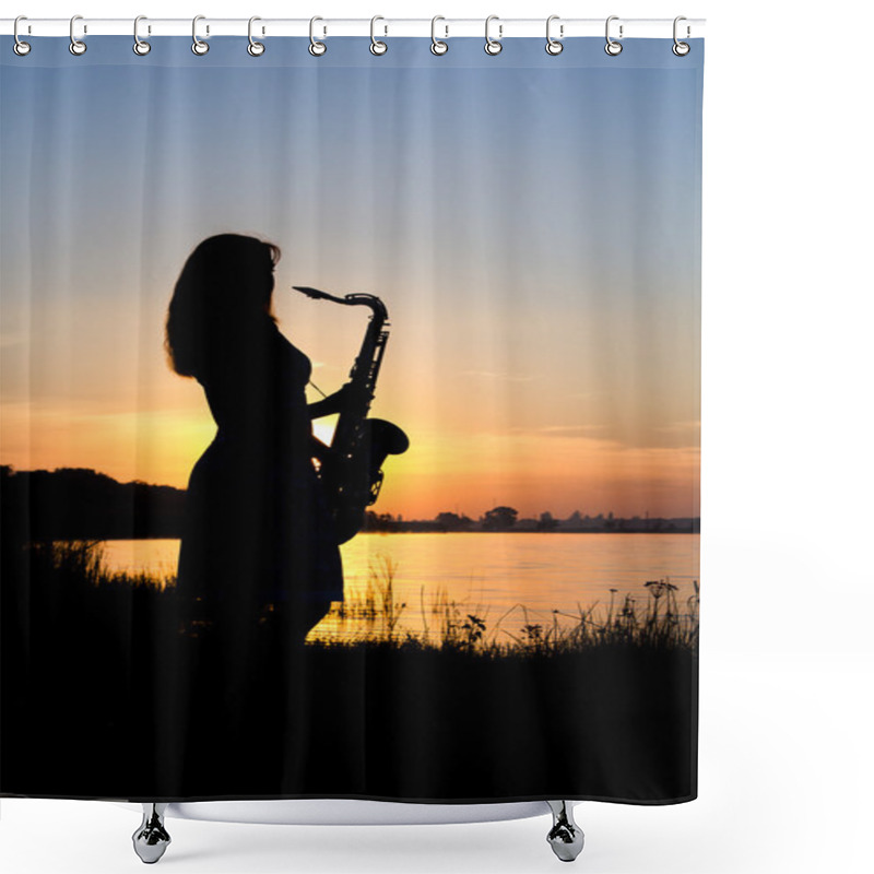 Personality  Girl With A Brass Musical Instrument Into The Distance Shower Curtains