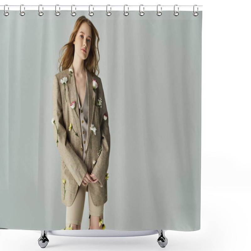 Personality  A Young Woman Stands Confidently, Elegantly Decorated With Fresh Flowers. Shower Curtains