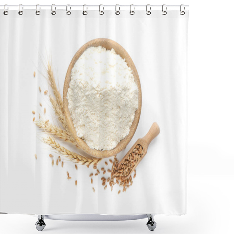 Personality  Flour In Bowl, Spikelets And Scoop With Grains On White Background, Top View Shower Curtains