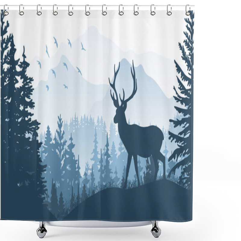 Personality  Horizontal Banner. Silhouette Of Deer Standing On Grass Hill. Mountains And Forest In The Background. Magical Misty Landscape, Trees, Animal. Blue Illustration, Bookmark. Shower Curtains