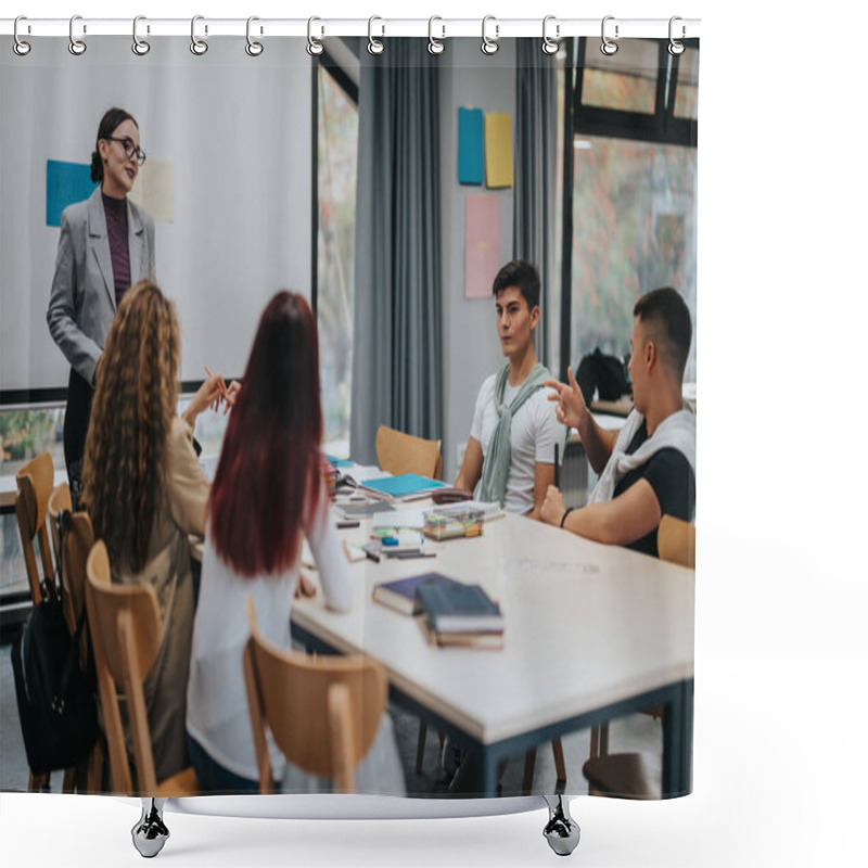 Personality  A Diverse Group Of Students Participating In A Lively Classroom Discussion With Their Teacher, Showcasing Active Learning And Collaboration In An Educational Setting. Shower Curtains