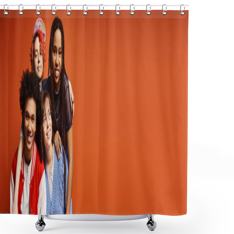 Personality  A Group Of Young, Multicultural Friends In Stylish Attire, Including A Nonbinary Person, Stand Together In A Studio Setting. Shower Curtains