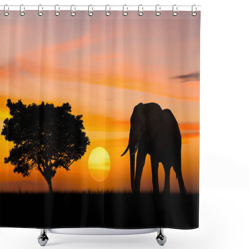 Personality  Silhouette Elephant Standing Nearly Big Trees In Safari And Flock Of Birds On Sky With Sun Twilight Sky Background. Shower Curtains