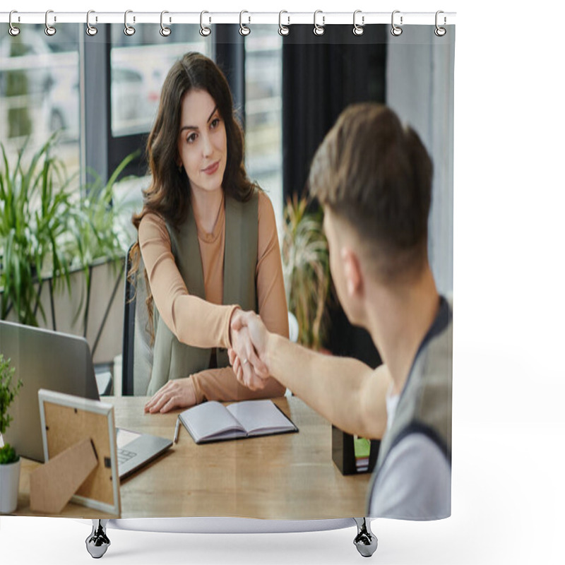 Personality  Good-looking Colleagues Shake Hands While Navigating A Challenging Situation. Shower Curtains