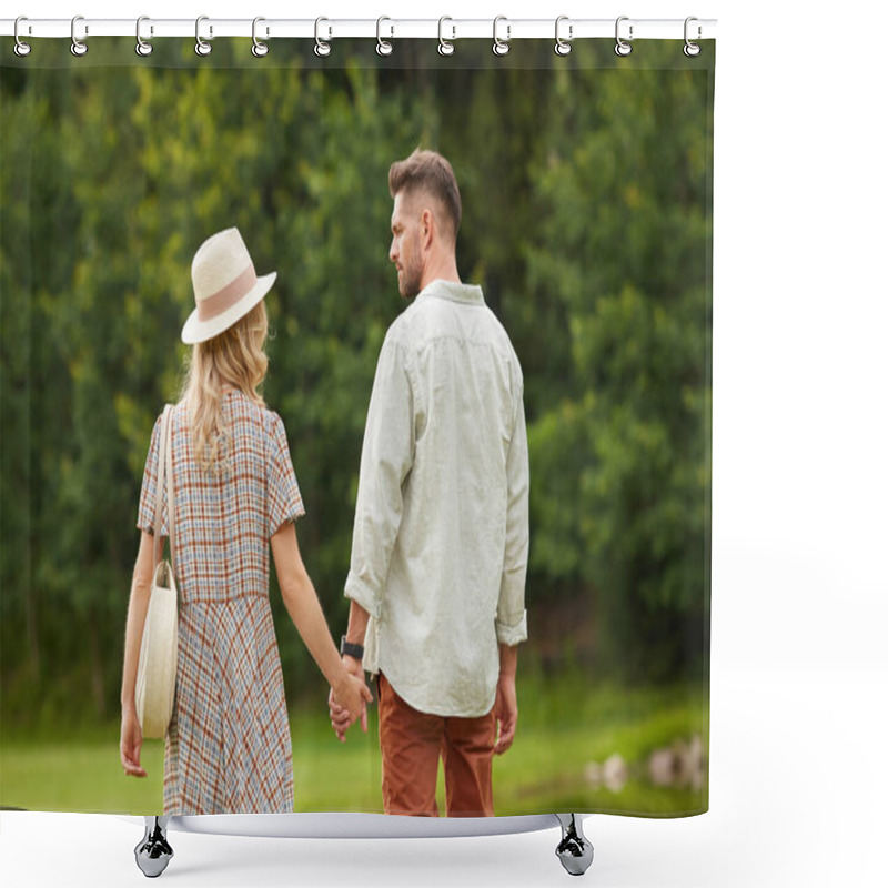 Personality  Back View Portrait Of Romantic Adult Couple Holding Hands While Walking Towards River In Rustic Countryside Scenery, Copy Space Shower Curtains