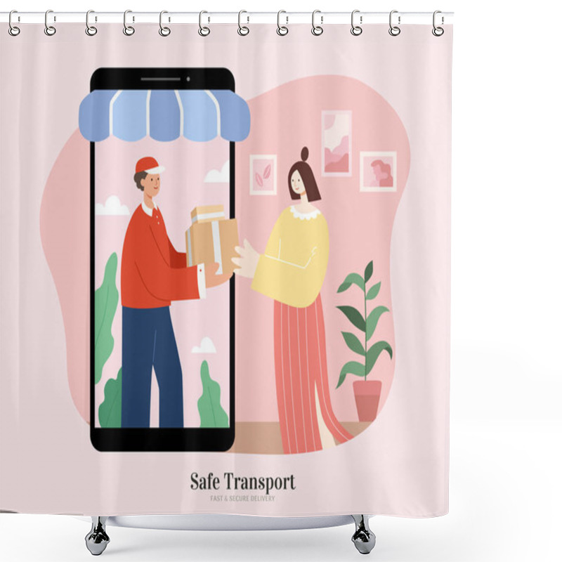 Personality  Courier Delivering Packages To Customers. Flat Illustration Suitable For Safe Delivery Service Or Shipping Strategy For Online Business. Shower Curtains