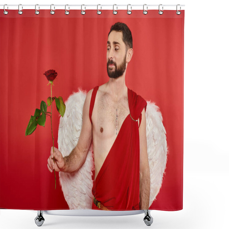 Personality  Pensive Bearded Man Dressed As Cupid Looking At Rose On Red, St Valentines Day Costume Party Shower Curtains