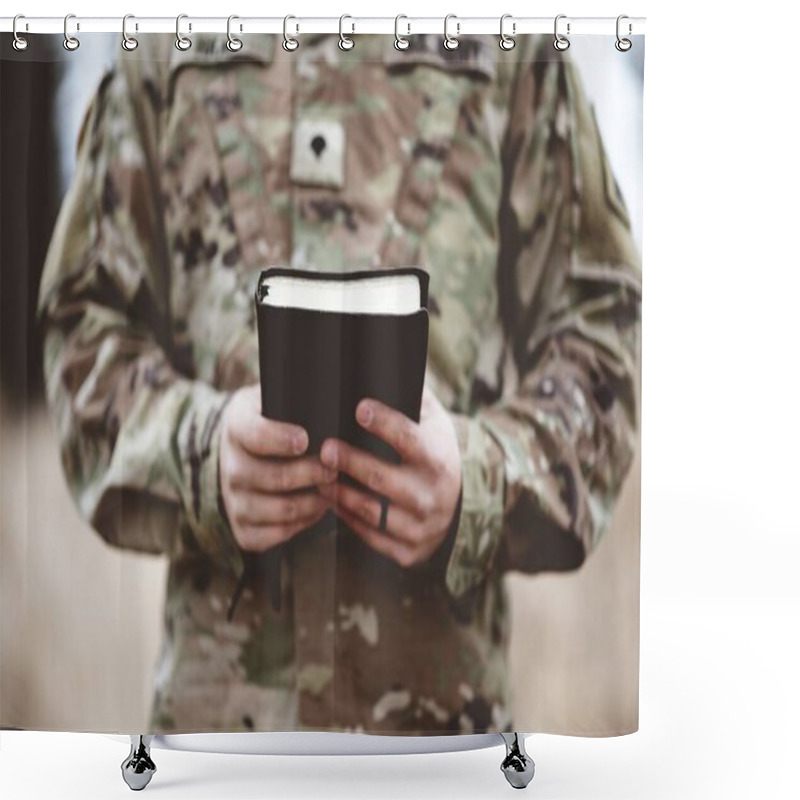 Personality  A Shallow Focus Shot Of A Young Soldier Holding A Bible Shower Curtains