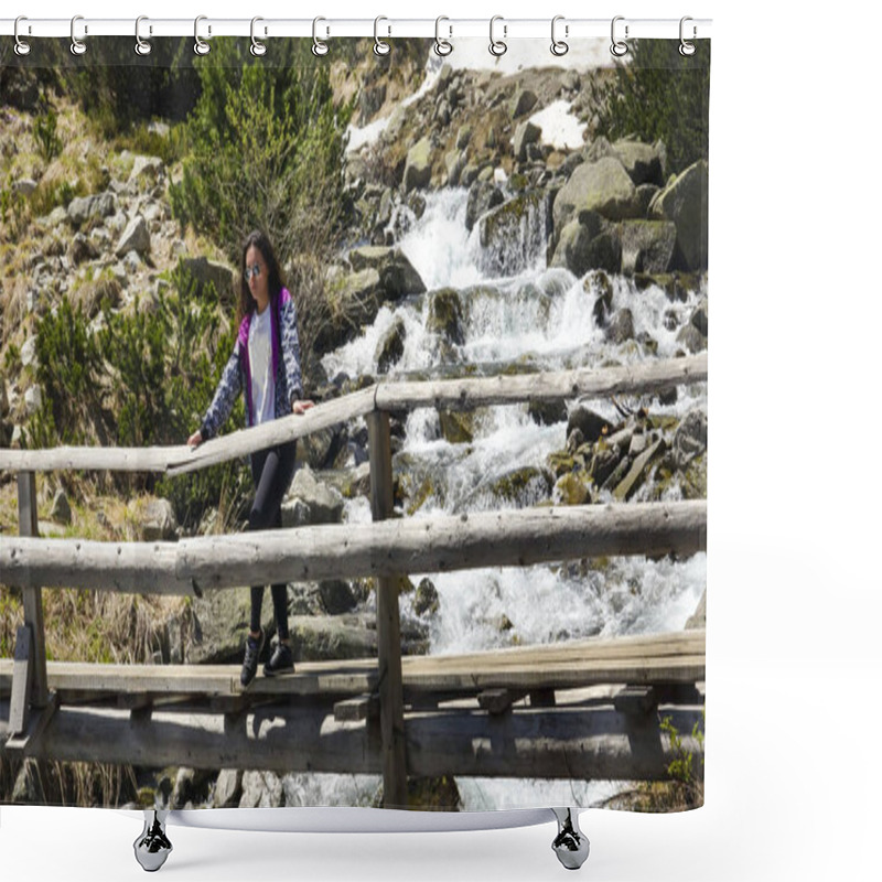 Personality  Sport Girl Hiking And Enjoing On Old Wooden Bridge The Fast Flowing Waters From Snow Melting During Springtime High On Mountains Shower Curtains