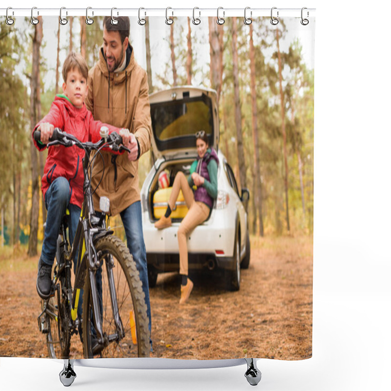 Personality  Father Teaching Son To Ride Bicycle Shower Curtains