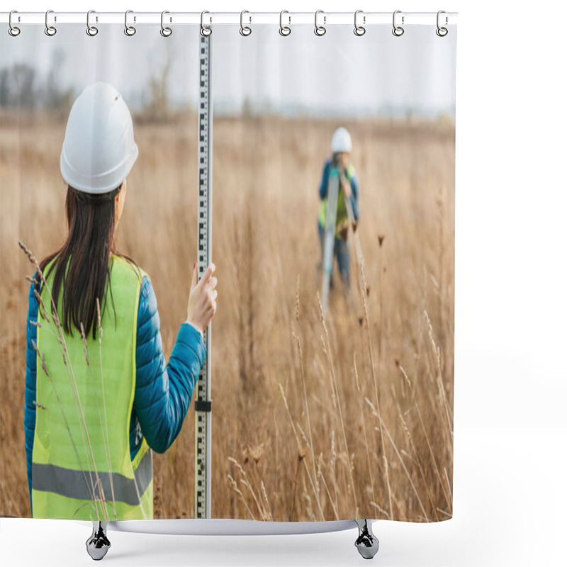 Personality  Selective Focus Of Surveyors With Survey Ruler And Digital Level In Field Shower Curtains