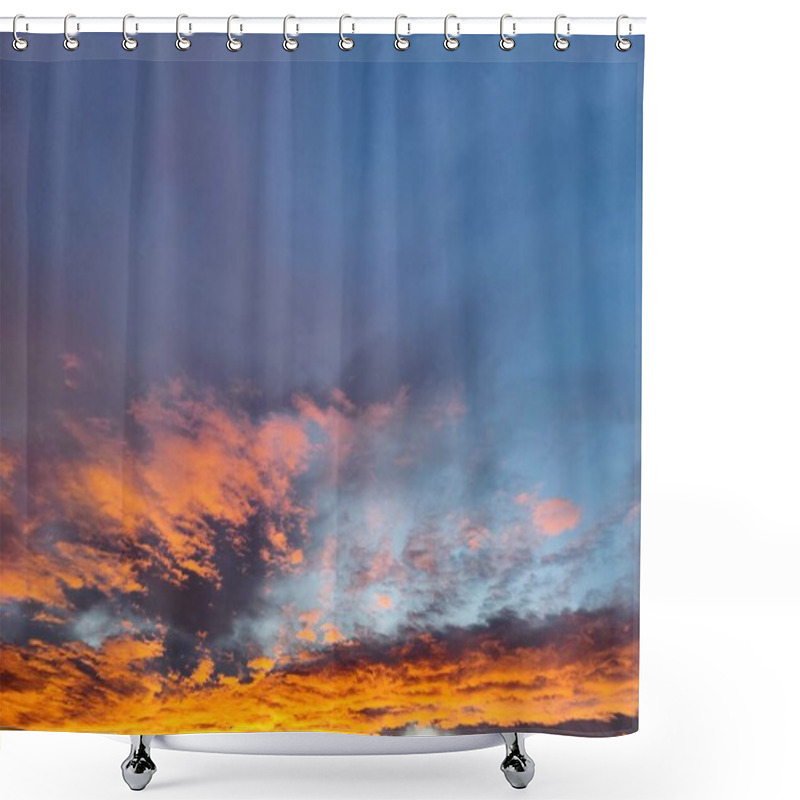 Personality  Fiery Sunset Of Hope: The Dramatic Blend Of Orange Flames And Calm Blue Sky, Symbolizing Balance Between Chaos And Serenity Shower Curtains