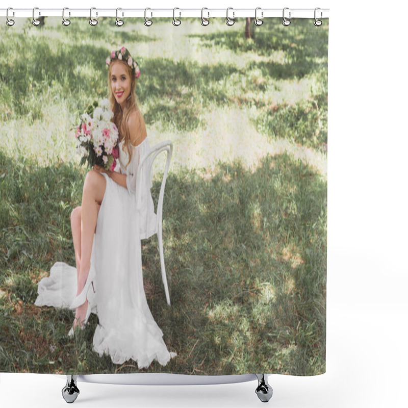 Personality  High Angle View Of Happy Young Bride Holding Bouquet Of Flowers And Smiling At Camera While Sitting On Chair Outdoors Shower Curtains