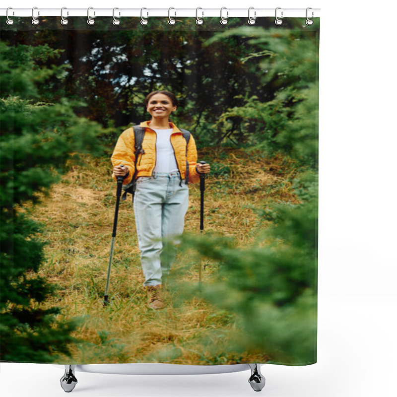 Personality  A Young Woman Enjoys Her Hike In A Lush Autumn Forest Filled With Colorful Foliage And Natural Beauty. Shower Curtains