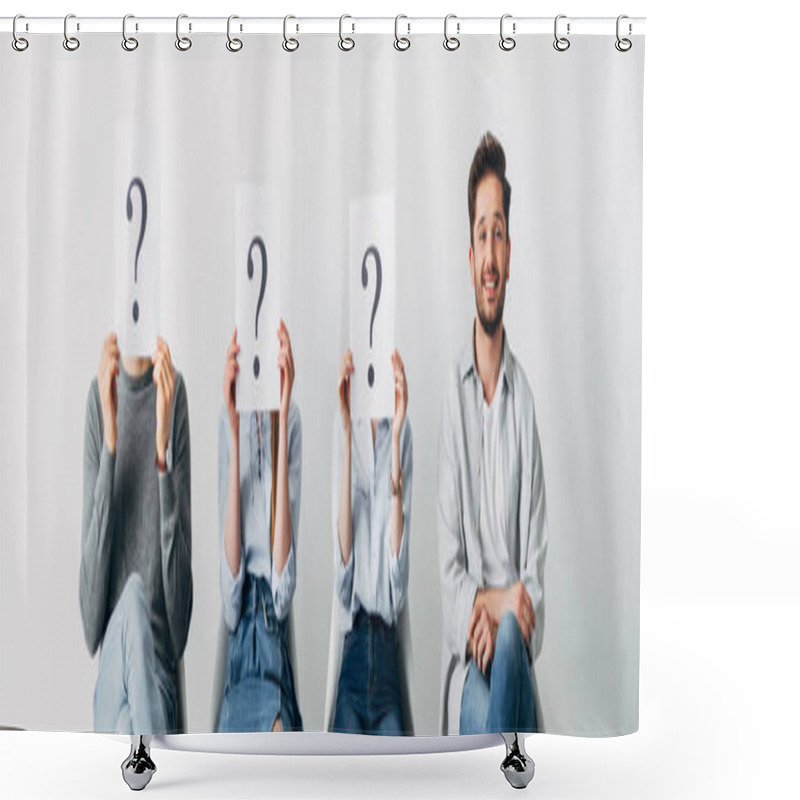 Personality  Panoramic Shot Of Smiling Man Looking At Camera Near Employees Holding Cards With Question Marks Shower Curtains