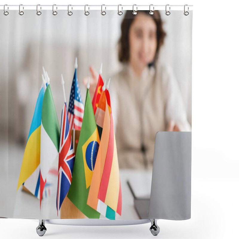 Personality  Selective Focus Of Various International Flags Near Blurred Laptop And Language Teacher Having Online Lesson At Home Shower Curtains