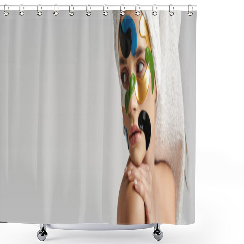 Personality  A Woman With Eye Patches On Her Face, Showcasing Creativity And Artistry In Her Makeup. Shower Curtains