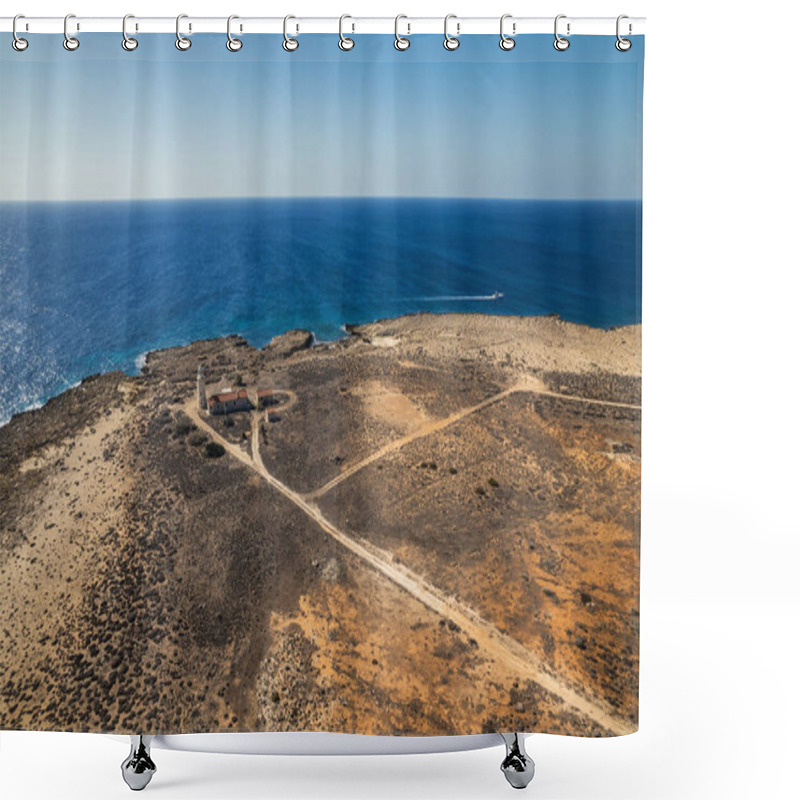 Personality  A Remote Lighthouse Surrounded By Rugged Coastal Terrain Overlooking The Vast, Calm Sea, Captured From Above. Shower Curtains