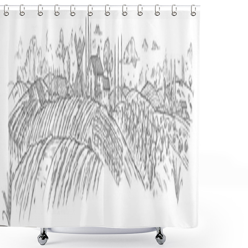 Personality  Rural Landscape Hand Drawn With Plant. Vector Illustration Shower Curtains