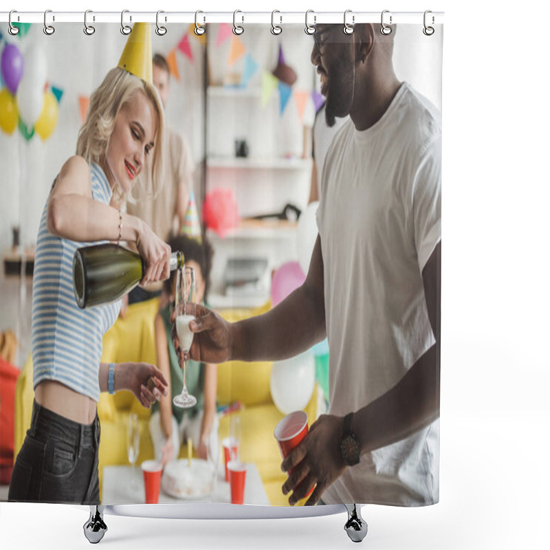 Personality  Young Woman Pouring Champagne In Glass In African American Man Hands Shower Curtains