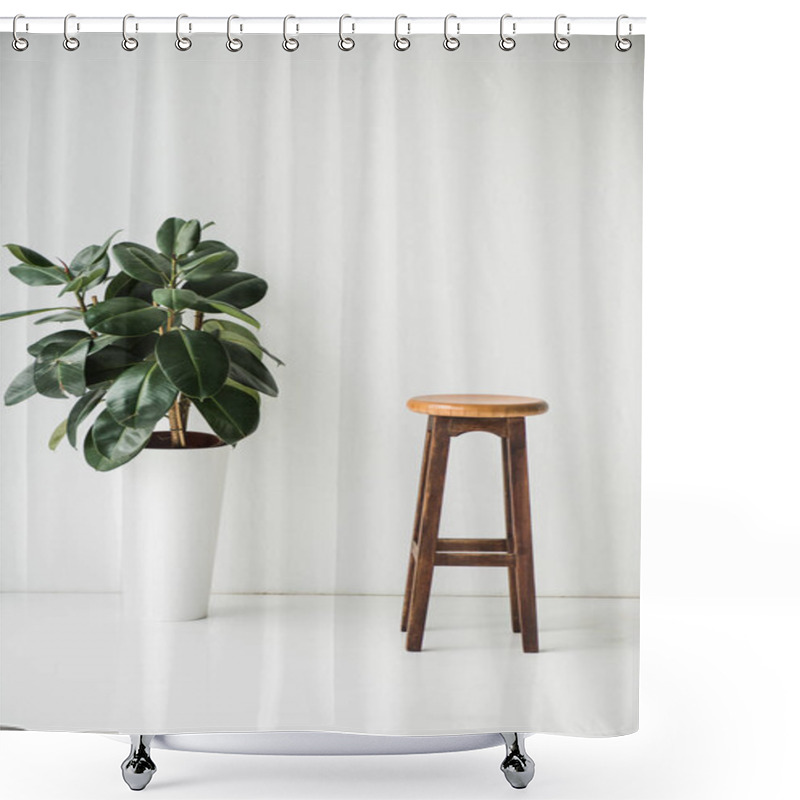 Personality  Wooden Chair And Plant With Green Leaves On White Shower Curtains