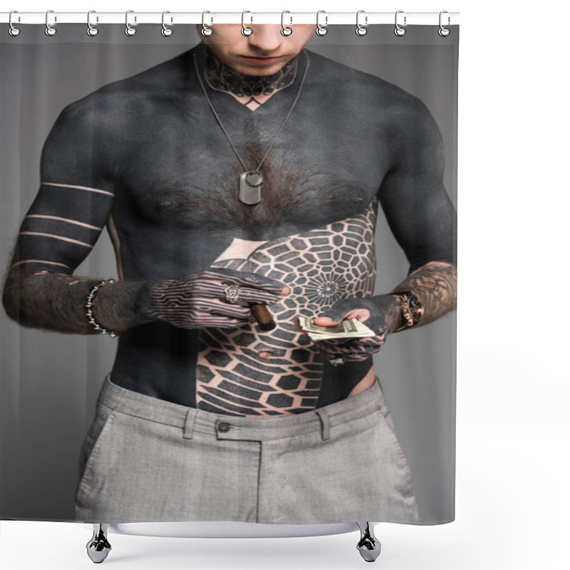 Personality  Cropped Shot Of Tattooed Man Holding Cigar And Dollar Banknotes Isolated On Grey Shower Curtains