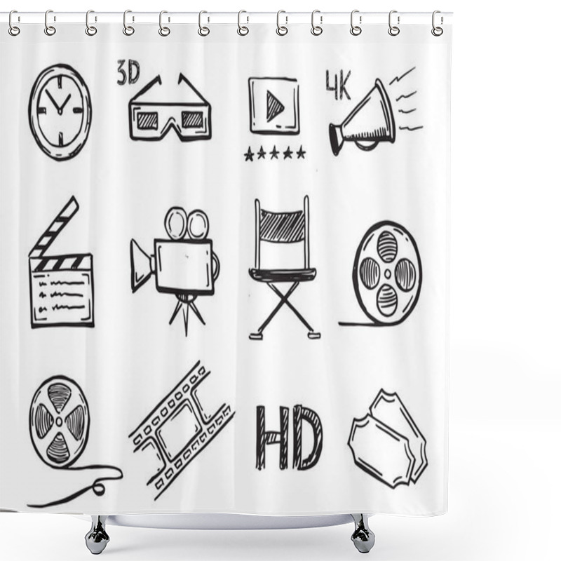 Personality  Cinema Decorative Symbols Set, Doodle Style, Vector Hand Drawn. Shower Curtains